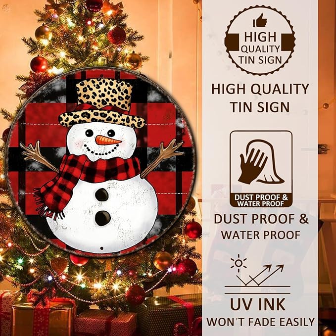 Round Christmas Snowman Tin Sign Vintage Snowman Sign Rustic Wall Decor - Image 4