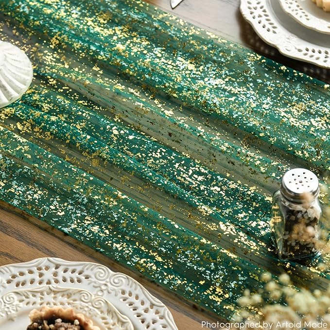 Artoid Mode Green Gold Gauze Table Runner 120 Inch 10FT, Glitter Metallic Foil - Image 6