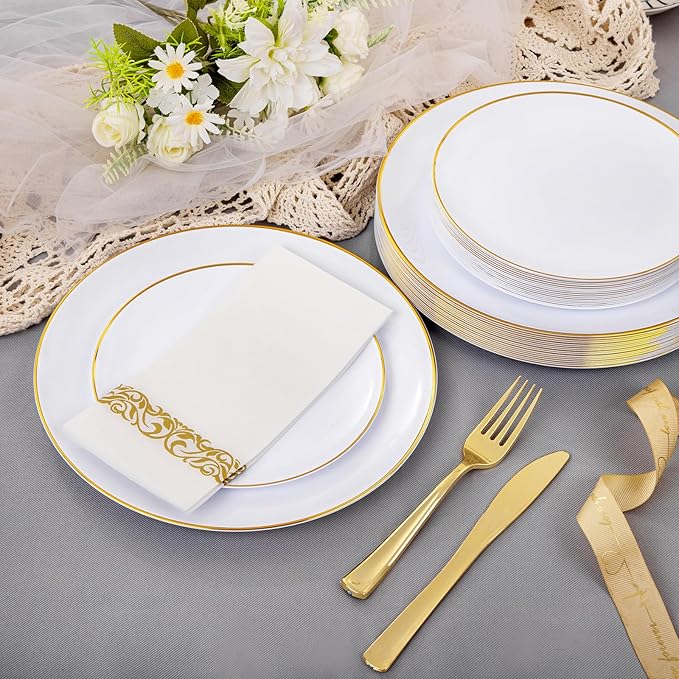 Supernal 350pcs White and Gold Plastic Plates, 150 Gold Silverware Set - Image 9