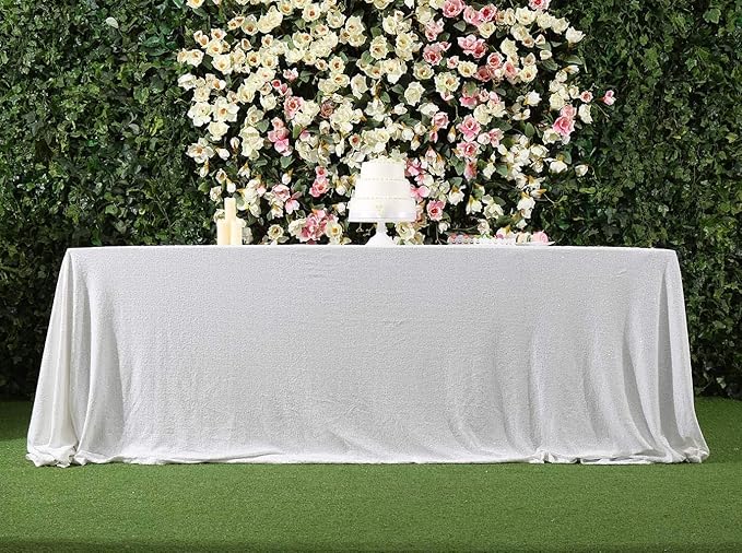 SquarePie Sequin Tablecloth 90 x 132 Inch White Sparkly Table Cloth - Image 4