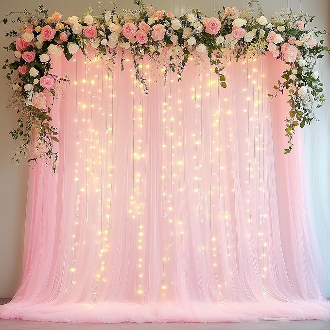 Tulle Backdrop Curtain with Lights String 10FT X 10FT Pink Sheer Tulle Backdrop by Xiomot