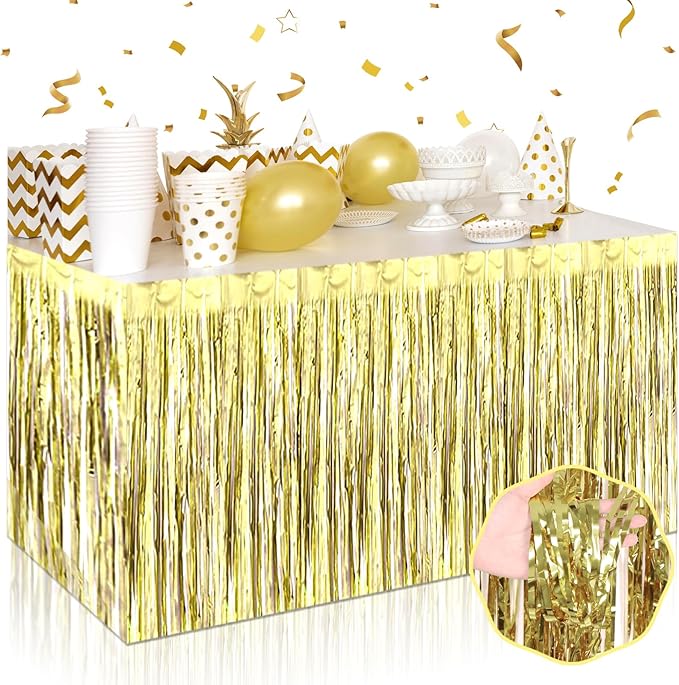3 Pack 29 x108 Inch Light Gold Foil Fringe Table Skirts Metallic Banner by Mebiornt