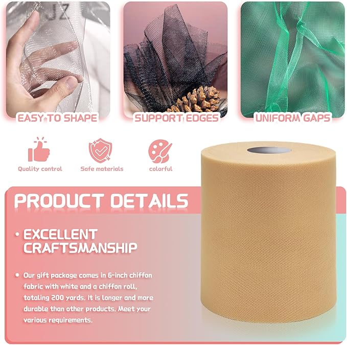 6" x 200 Yards Beige Tulle Fabric Rolls - Image 3