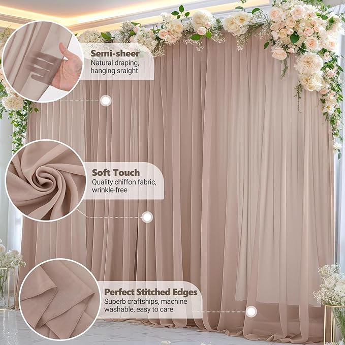 10ft x 10ft Taupe Backdrop Curtain Drapes, Wrinkle-Free Sheer Chiffon Fabric - Image 5