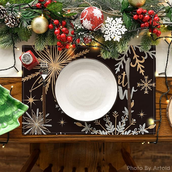 Artoid Mode Black Snowflake Let It Snow Winter Placemats Set of 6, 12x18 Inch - Image 2