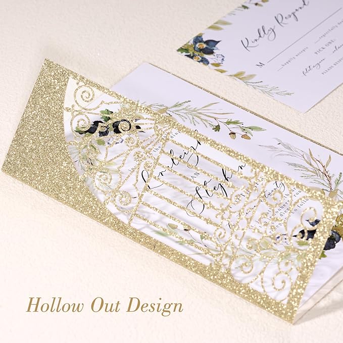 25Pcs Light Gold Glitter Laser Cut Wedding Invitation Kits - Image 5