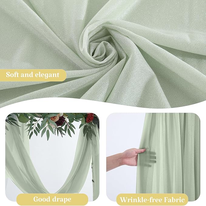 2 Panels Wedding Arch Draping Fabric Sage Green Sheer Backdrop Curtain Arch - Image 3