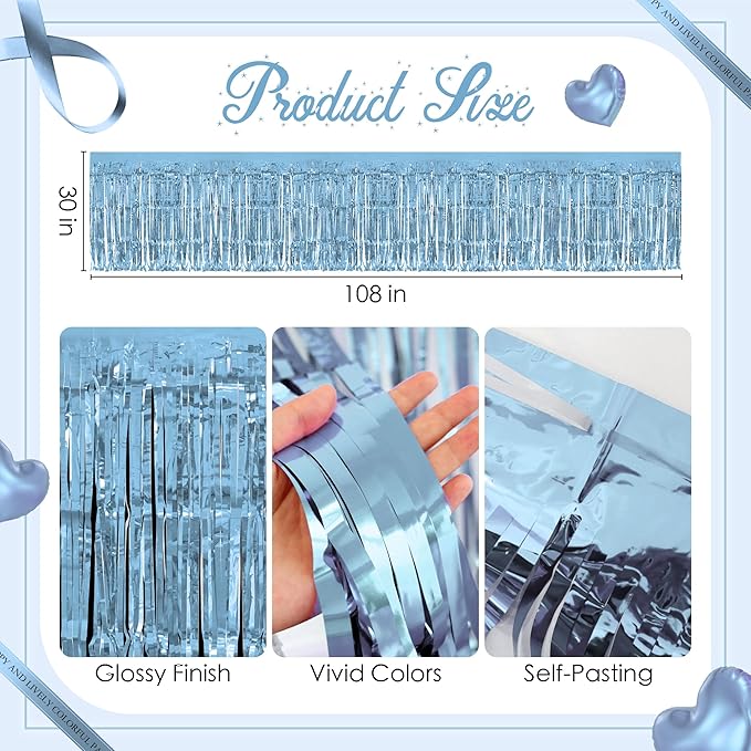 2 Pack Light Blue Table Skirts, 29x108" Metallic Foil Tinsel Fringe Table Skirts - Image 3