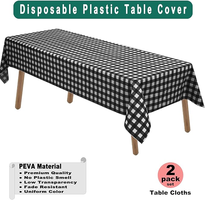 Black & White Gingham Checkered Plastic Tablecloths 2 Pack Disposable Table - Image 2