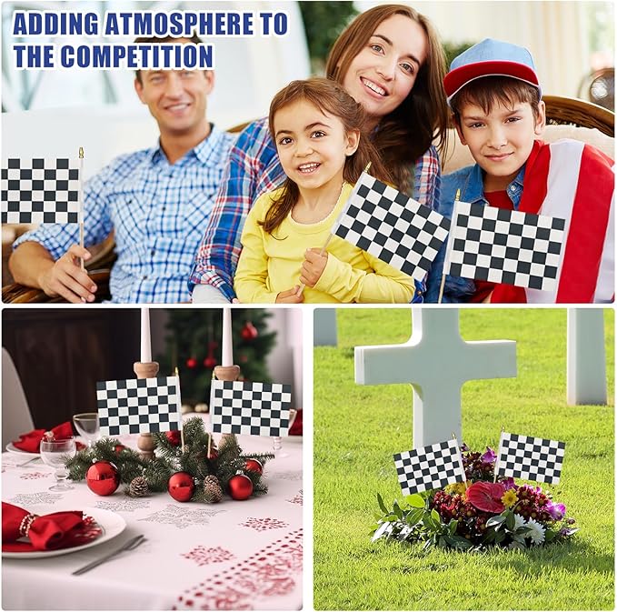 12Pcs Small Checkered Black and White Racing Flags on Wooden Stick Mini Race - Image 6