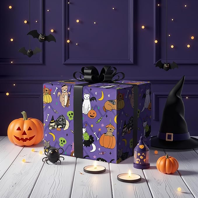 LeZakaa Halloween Purple Animal Wrapping Paper Roll, Cat Dog in Halloween - Image 3