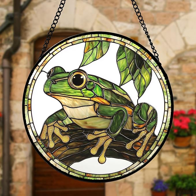 Stained Glass Window Hanging, Frog Green Leaf Sun Catchers Colorful Glass Panel - Image 4