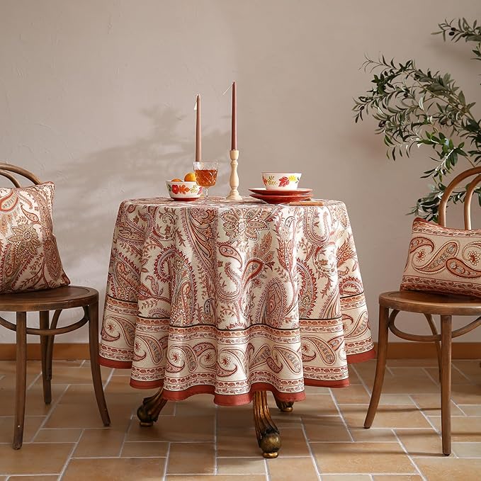 ISAENNE Designer French Red Round Square Tablecloth, Linen Table Cloth - Image 2