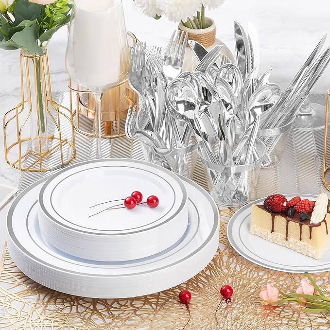 600PCS Silver Plastic Plate Set, Disposable Plates - Image 7