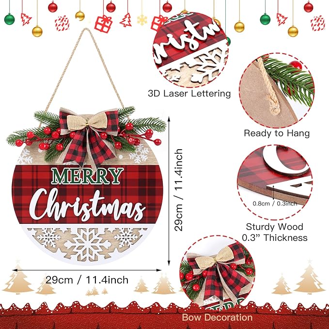 CHDITB 3D Merry Christmas Front Door Sign Wreath, Rustic Farmhouse Xmas Decor - Image 2