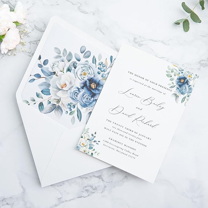 PONATIA 50PCS A7 Euro Flap White Envelope, 5.25 x 7.25'' Dusty Blue Flowers - Image 5