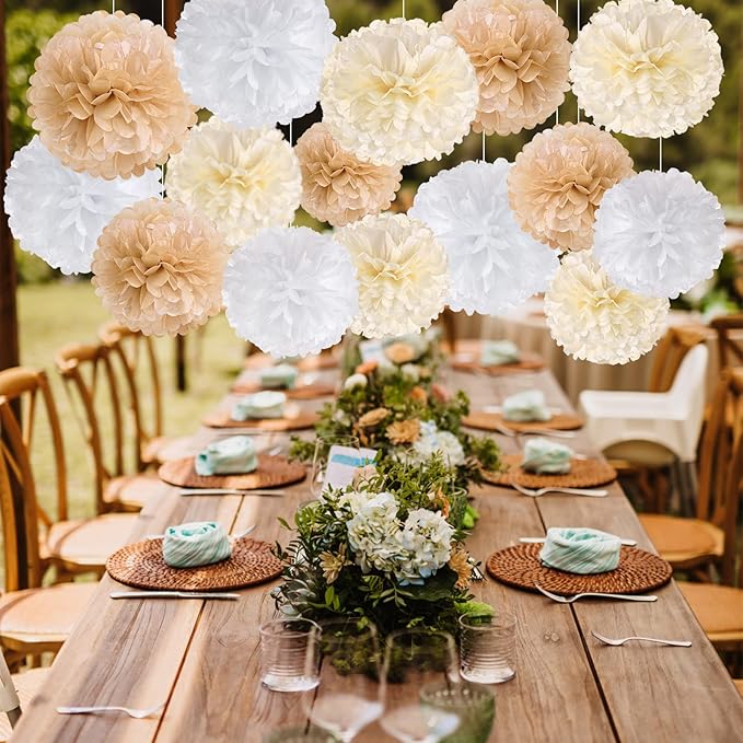 SUNBEAUTY 15 PCS Boho Champagne Pom Poms Tissue Paper Flowers, Wall Hanging - Image 2