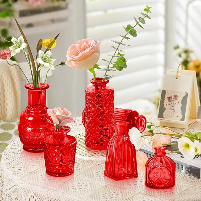 Red Glass Bud Vases Set, Crystal Mini Glasses in Bulk, Small Flower Design - Image 5