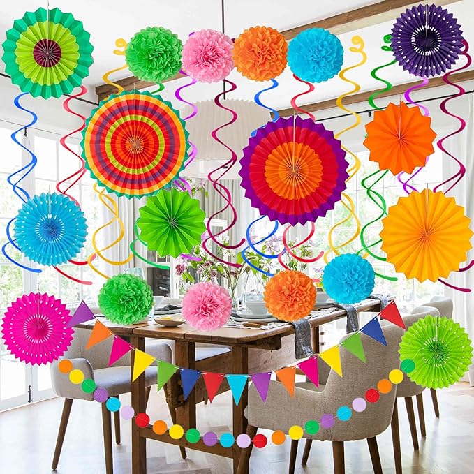 32Pcs Cinco De Mayo Decorations Fiesta Party Decorations Multi-Color Paper Fans - Image 5