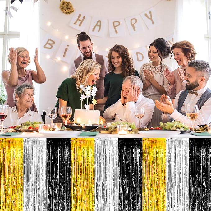 3 Pack 29 x108 Inch Black Gold Silver Foil Fringe Table Skirts Metallic Banner - Image 4