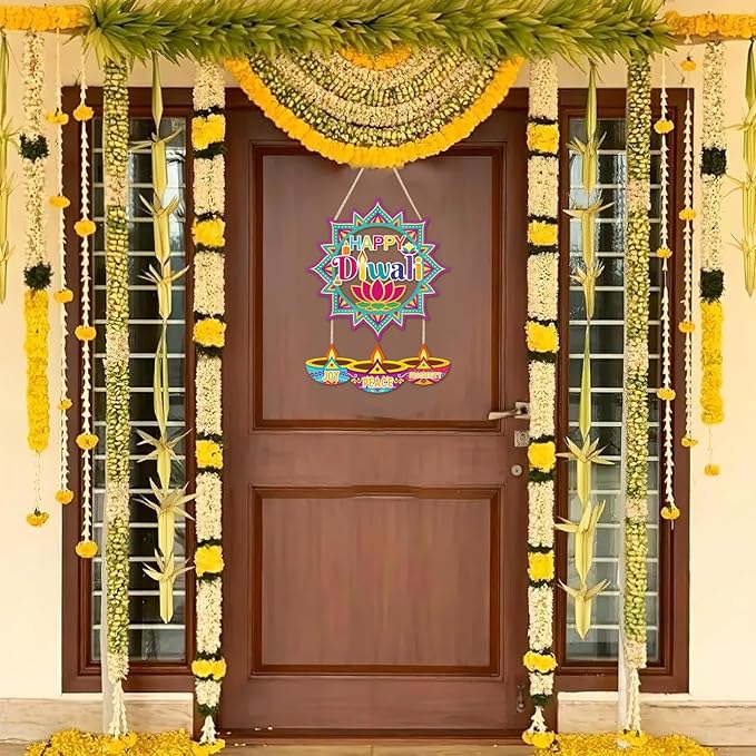 CHDITB Happy Diwali Front Door Sign Wreath, Wooden Lotus Rangoli Diyas Indian - Image 3