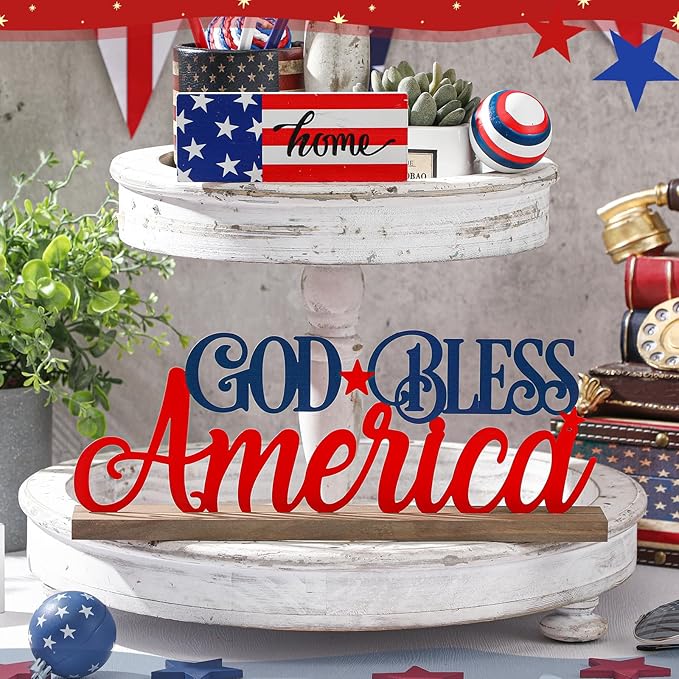 Patriotic God Bless America Metal Sign Rustic Table Decor Holiday Tiered Tray - Image 5