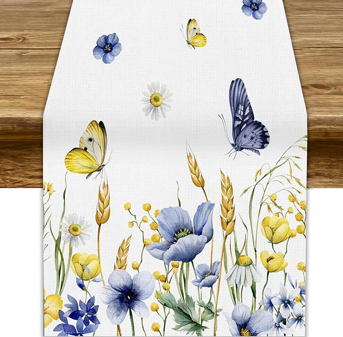Floral Table Runner, Spring Watercolor Flower Plants Nature Butterfly Table by ShiTingYu