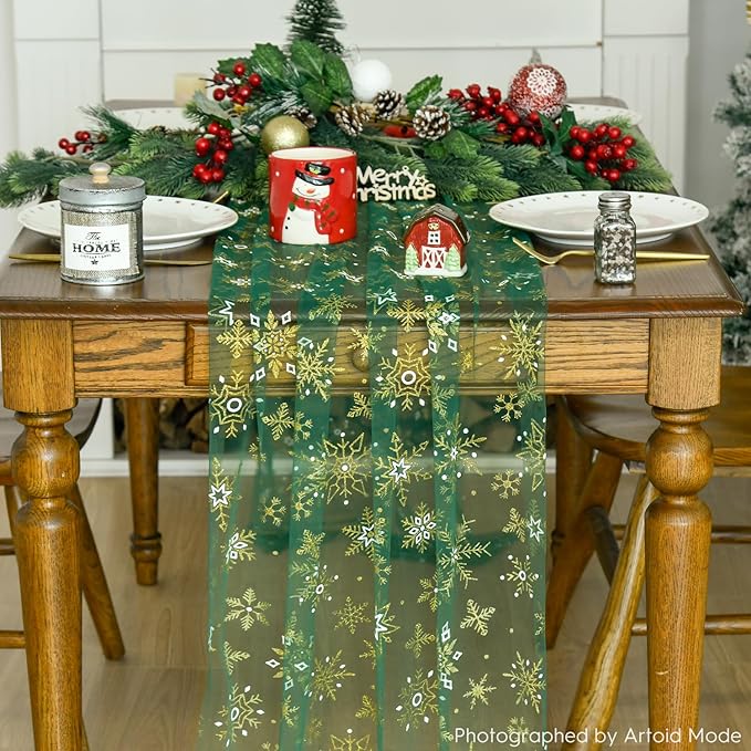 Artoid Mode Green Gold Snowflakes Christmas Gauze Table Runner 120 Inch 10FT - Image 5