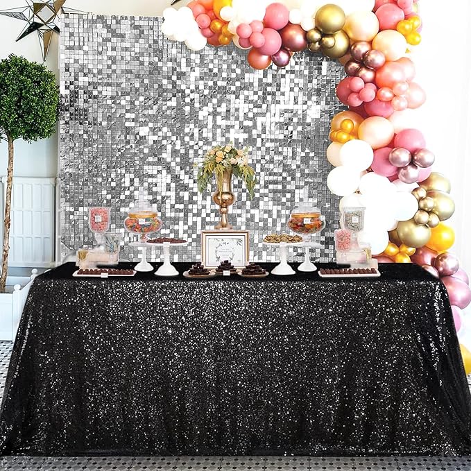 QueenDream Seamless Sequin Tablecloth 90x132 Inch Black Rectangular Tablecloth by QueenDream
