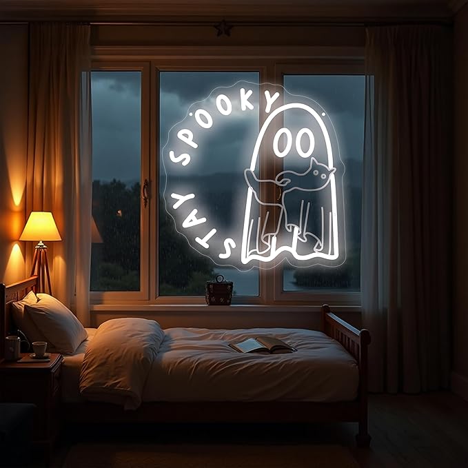 Ghost holding a cat Stay Spooky Neon Sign, Funny Halloween Party Wall Decor - Image 2