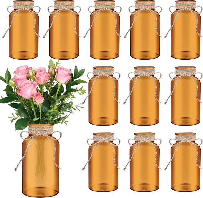 Vintage Glass Flower Vase，12 Pack Farmhouse Amber Gold Glass Centerpiece Vases by LEYIQUCHAMPAGNEWINEGLASSES
