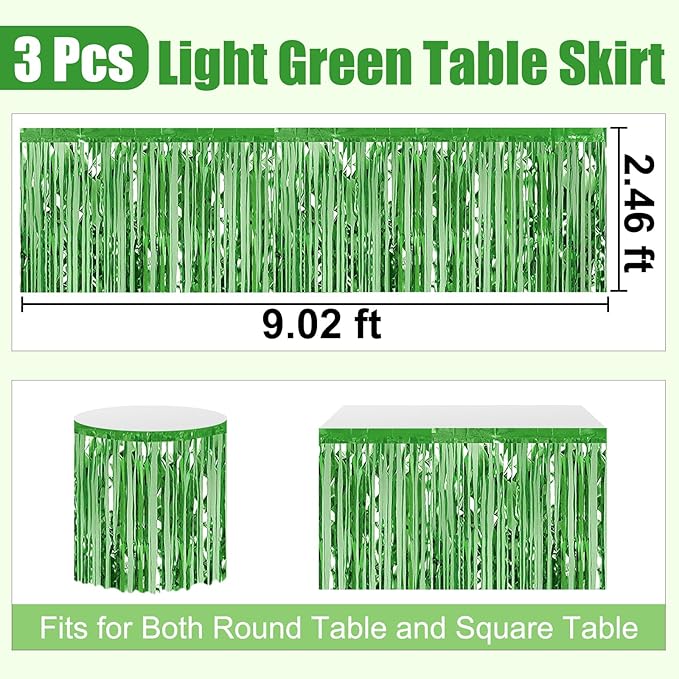 3 Pack 29 x108 Inch Light Green Foil Fringe Table Skirts Metallic Banner - Image 2