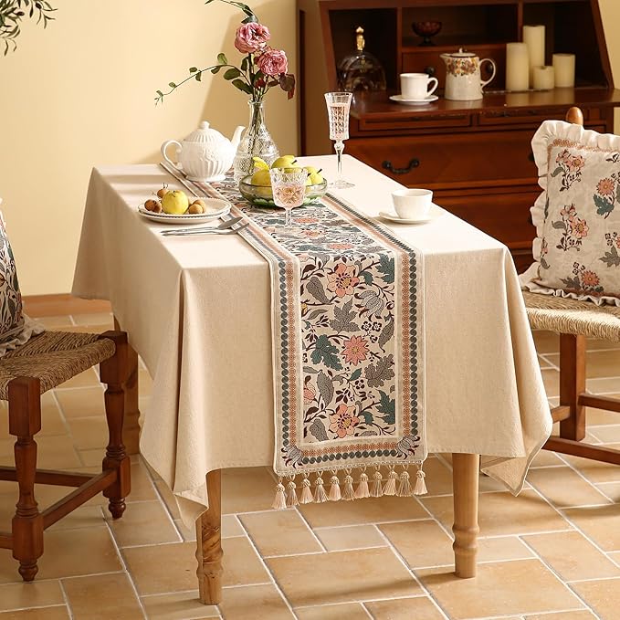 ISAENNE Designer Bohemian Linen Table Runner 87 Inches Long, Elegant Lotus - Image 7