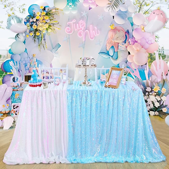 QueenDream Mermaid Blue Tablecloth 90x156 Inches Rectangle Tablecloths Sequin - Image 5