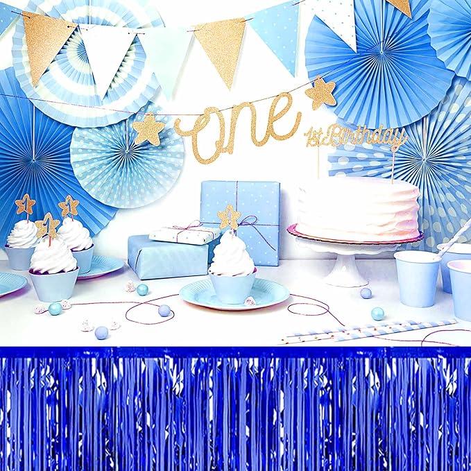 3 Pack 29 x108 Inch Blue Foil Fringe Table Skirts Metallic Banner - Image 4