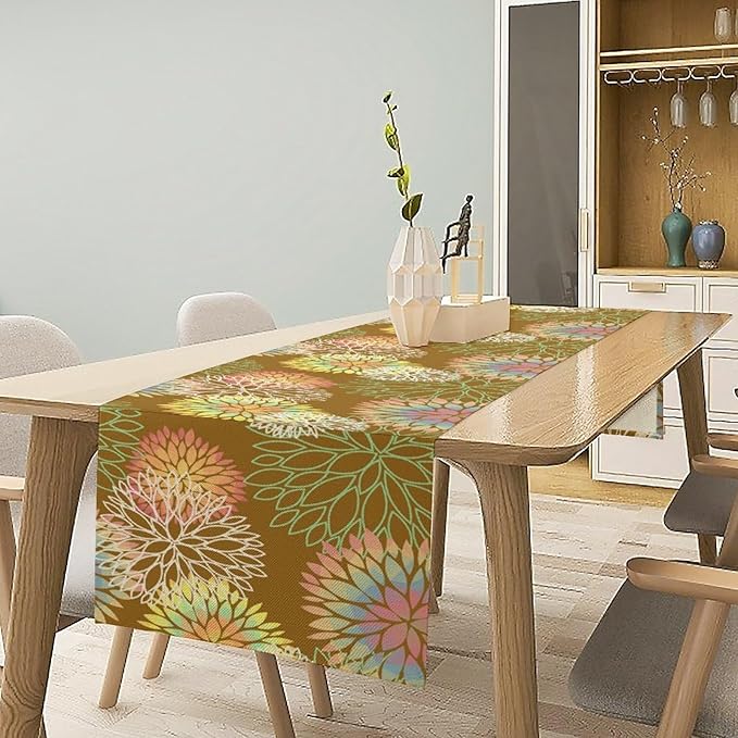 Brown Grey Dahlia Flower Table Runner, Linen Geometric Pattern Floral Table - Image 4
