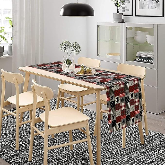Rustic Farm Table Runner, Vintage Woodland Deer Bear Animal Buffalo Plaid Print - Image 6