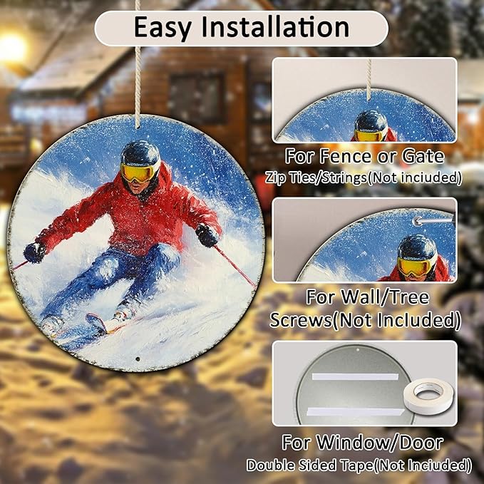 Round Ski Vintage Metal Sign Skiing Sign, Office Sign Home Décor Ski Lodge - Image 3