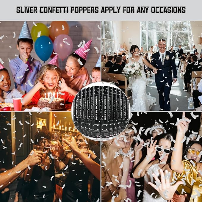 Party Poppers Confetti Cannon 12 Pack Silver Poppers 12 Inch Party Shooters - Image 7