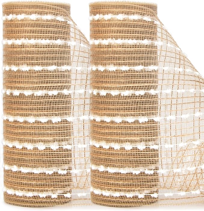 Ribbli Christmas Tree Ribbon Garland-2 Rolls Snowball Natural Burlap Mesh by Ribbli