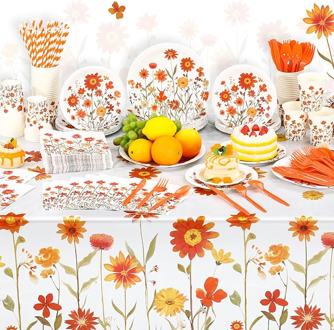 452 Pcs Fall Floral Party Supplies Orange Wildflower Tableware Set, Fall Floral - Image 4