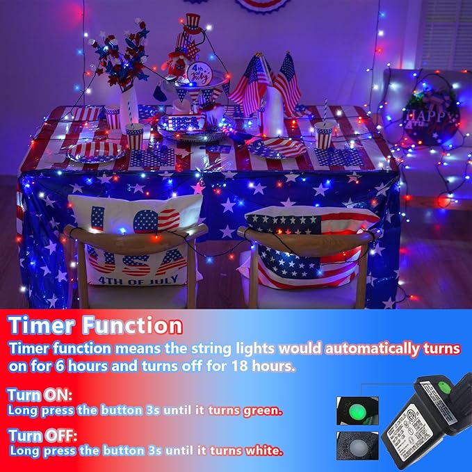 YEGUO 4th of July Decorations Red White and Blue Lights, 66ft 200 LED String - Image 4
