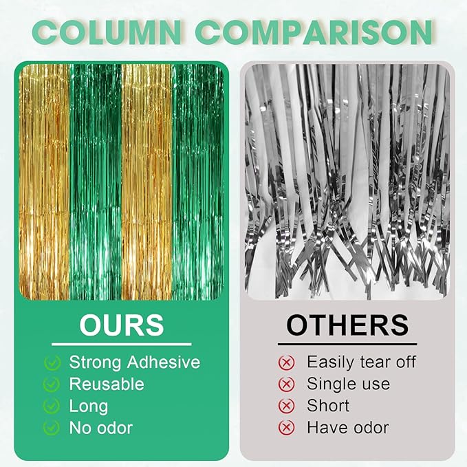 2 Pack Green and Gold Foil Fringe Backdrop Curtains, Tinsel Streamers Party - Image 3