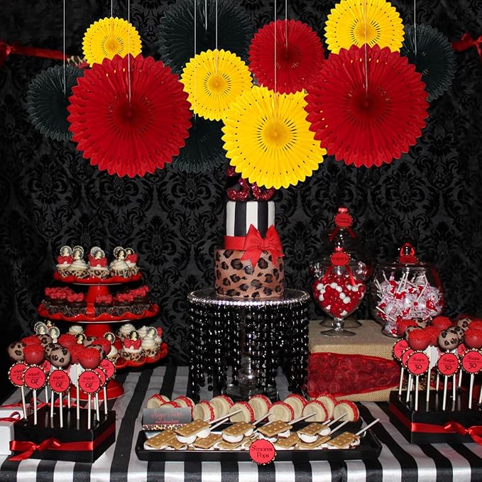18 Pcs Red Yellow Black Hanging Paper Fan, Hanging Honeycomb Round Paper Fans - Image 5
