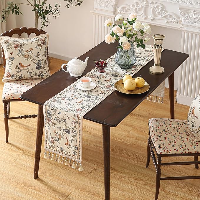 ISAENNE Designer Linen Table Runner 71 Inches Long, Elegant Floral Bird Pattern - Image 4