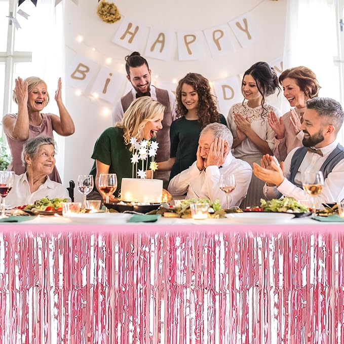 3 Pack 29 x108 Inch Pink Foil Fringe Table Skirts Metallic Banner - Image 5