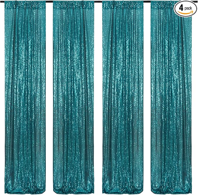 Poise3EHome Teal Sequin Backdrop Curtain, 4 Panels 2FTx8FT Glitter Background by Poise3EHome