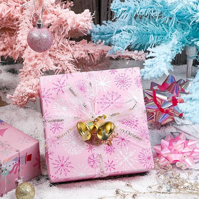 LeZakaa Christmas Pink Wrapping Paper Mini Roll, Snowman Christmas Tree & - Image 4