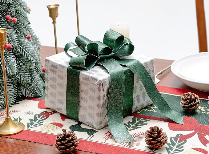 Christmas Ribbon Wired Green Satin Ribbons 1-1/2 Inch Double-Faced Gold Glitter - Image 4
