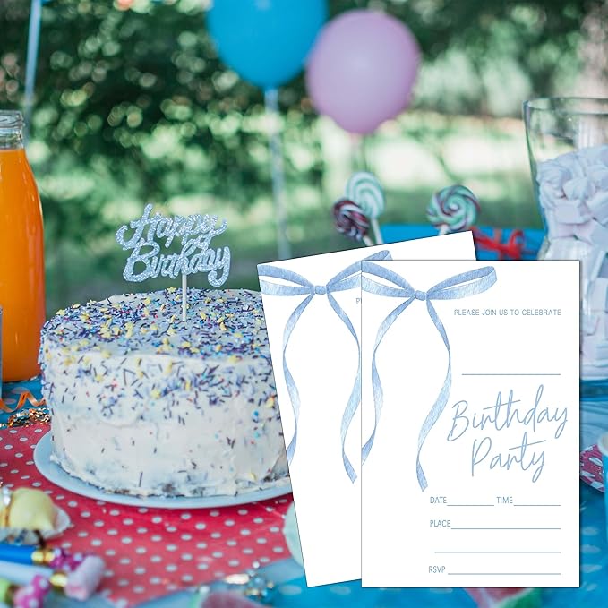 SIXEIGHT Blue Bow Birthday Invitations Blue Ribbon Bow Birthday Party - Image 5